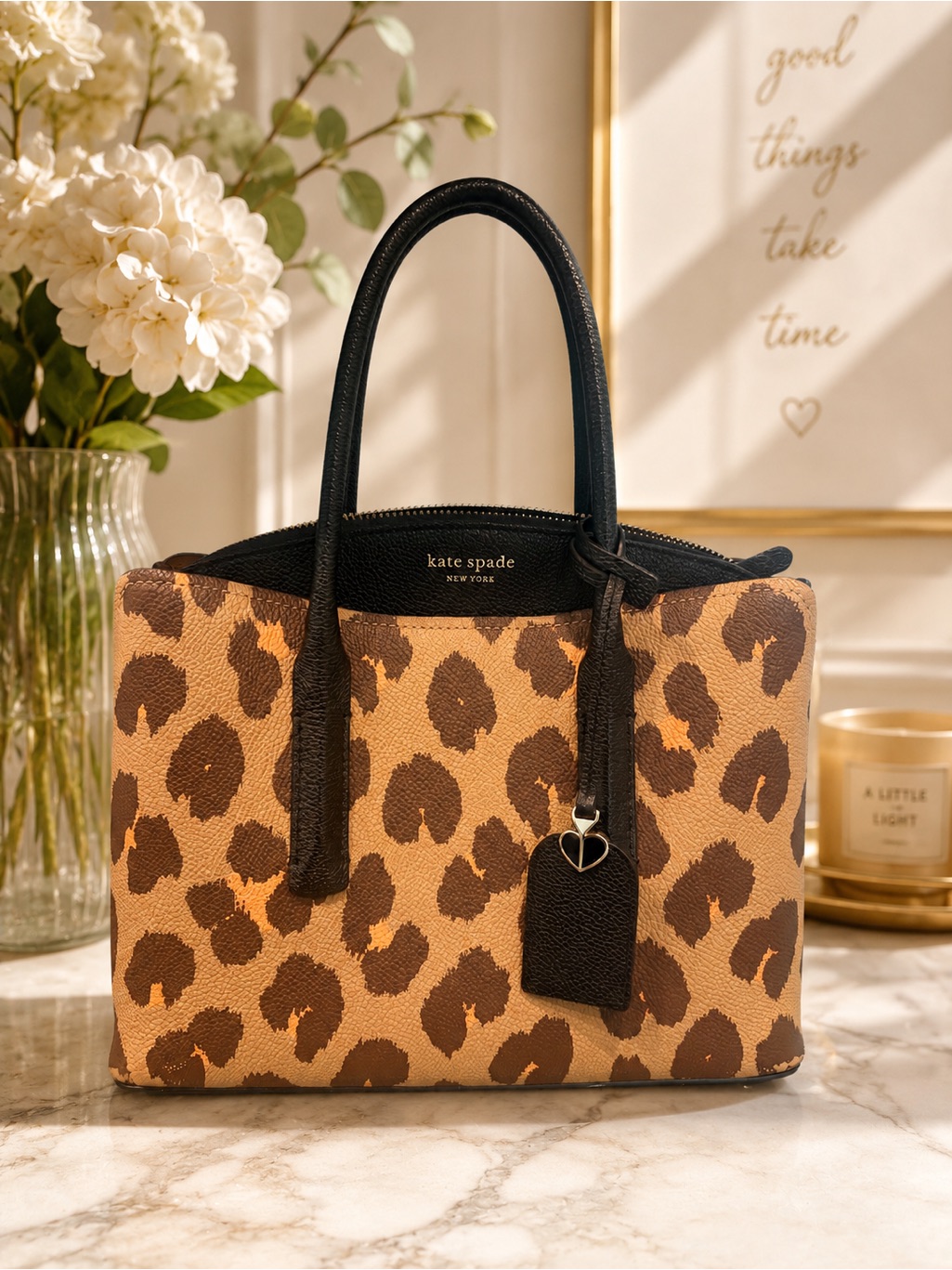 Kate Spade New York Medium Margaux Leopard Print Leather Satchel - Brown Euc